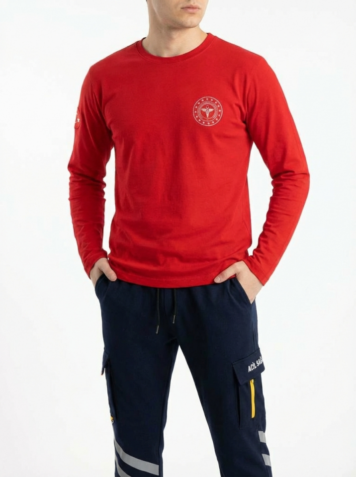 Kırmızı 112 Acil Sağlık Bisiklet Yaka Uzun Kollu Penye Tişört Unisex