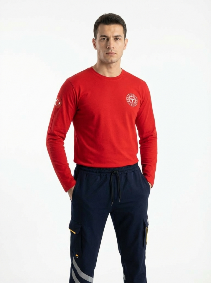 Kırmızı 112 Acil Sağlık Bisiklet Yaka Uzun Kollu Penye Tişört Unisex