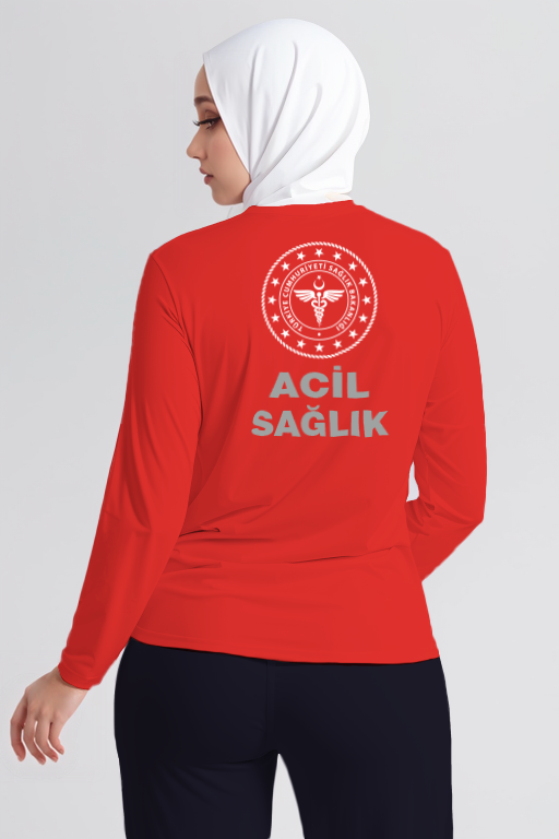 Kırmızı 112 Acil Sağlık Bisiklet Yaka Uzun Kollu Penye Tişört Unisex