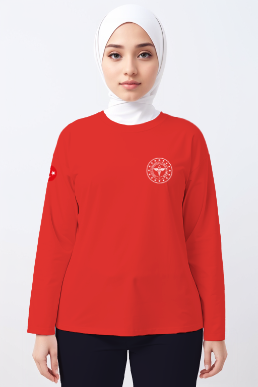 Kırmızı 112 Acil Sağlık Bisiklet Yaka Uzun Kollu Tişört Unisex 2XL