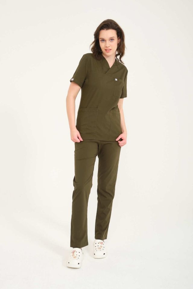 Haki Likralı Zarf Yaka Scrubs Doktor Hemşire Forması Takım XL
