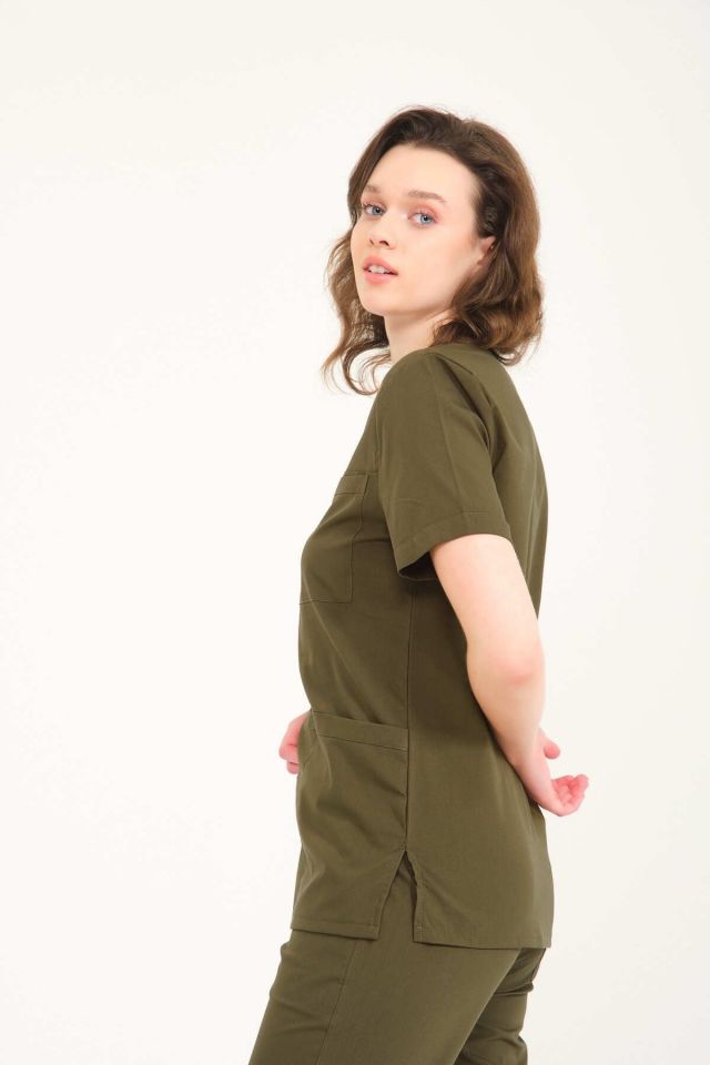 Haki Likralı Zarf Yaka Scrubs Doktor Hemşire Forması Takım XL