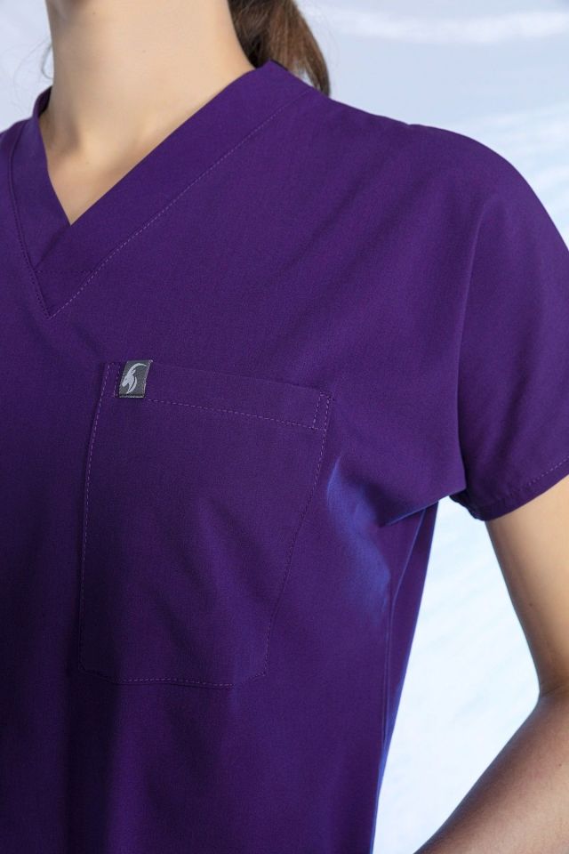 Mor Likralı Scrubs Doktor Hemşire Forması Yarasa Kol Tek Üst Unisex XXS