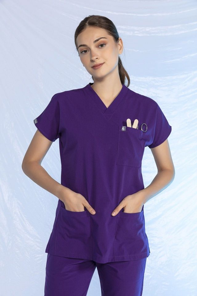 Mor Likralı Scrubs Doktor Hemşire Forması Yarasa Kol Tek Üst Unisex XXS