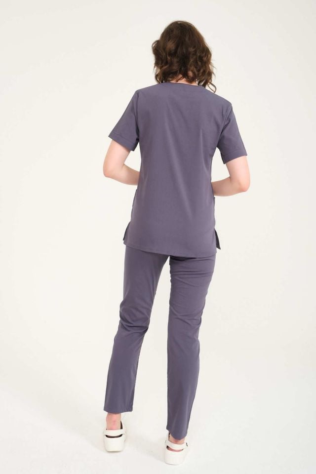 Füme Likralı Zarf Yaka Scrubs Doktor Hemşire Forması Takım S