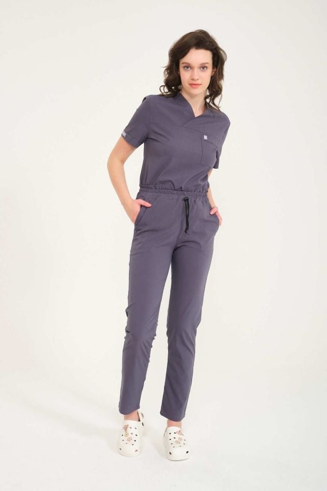Füme Likralı Zarf Yaka Scrubs Doktor Hemşire Forması Takım S