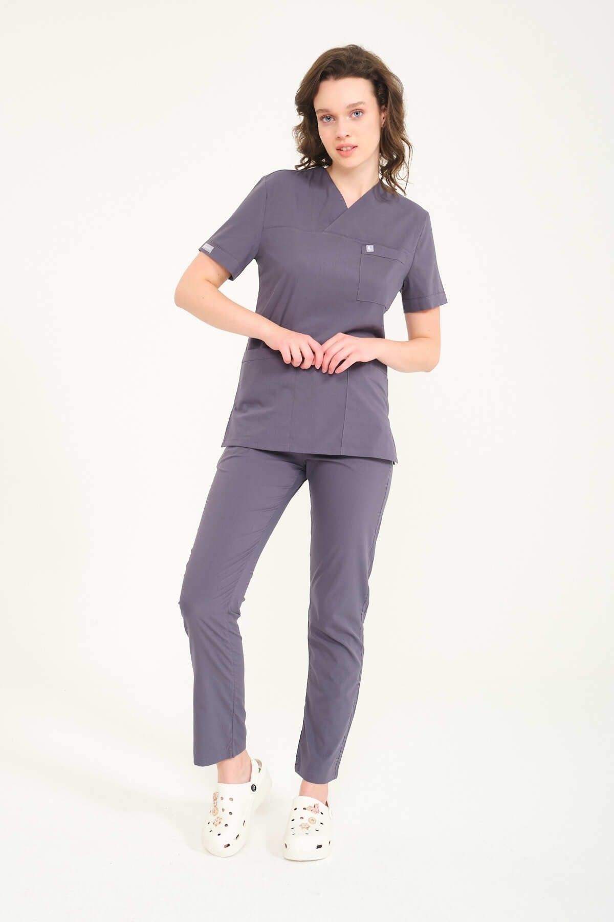 Füme Likralı Zarf Yaka Scrubs Doktor Hemşire Forması Takım 2XL