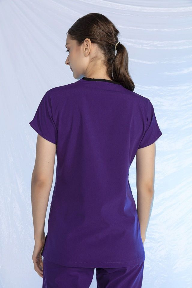 Mor Likralı Scrubs Doktor Hemşire Forması Yarasa Kol Tek Üst Unisex XL