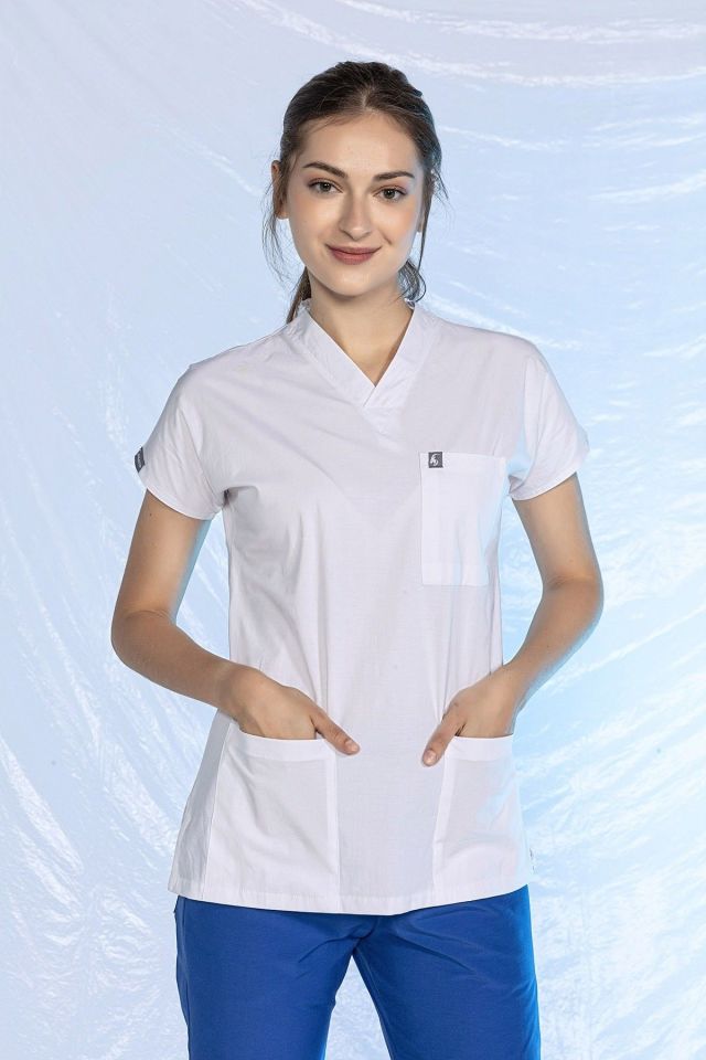 Beyaz Likralı Scrubs Doktor Hemşire Forması Yarasa Kol Tek Üst Unisex XXS