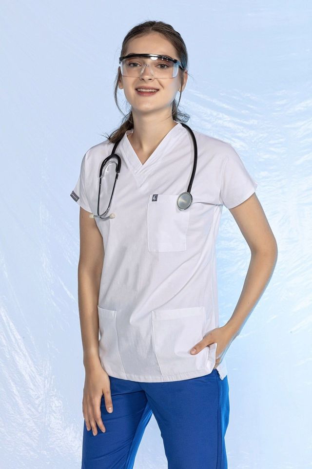 Beyaz Likralı Scrubs Doktor Hemşire Forması Yarasa Kol Tek Üst Unisex XS