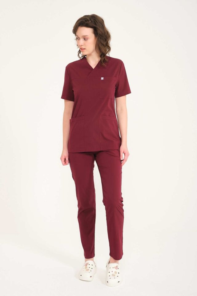 Bordo Likralı Zarf Yaka Scrubs Doktor Hemşire Forması Takım XL
