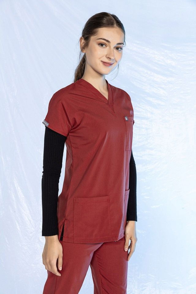 Kiremit Likralı Scrubs Doktor Hemşire Forması Yarasa Kol Tek Üst Unisex XXS