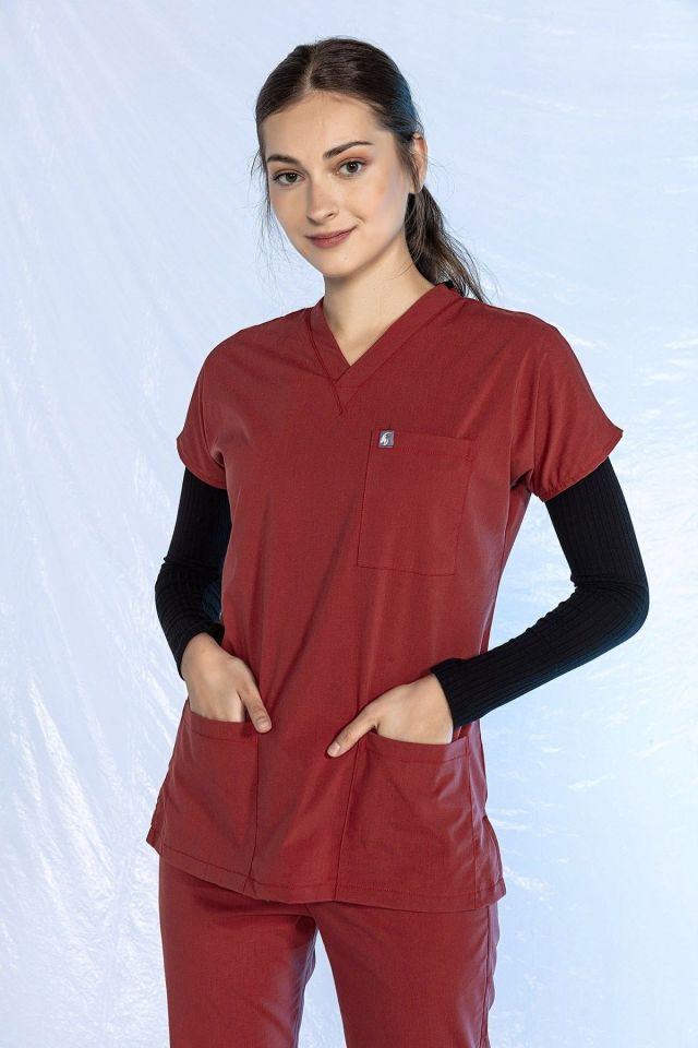 Kiremit Likralı Scrubs Doktor Hemşire Forması Yarasa Kol Tek Üst Unisex XXS