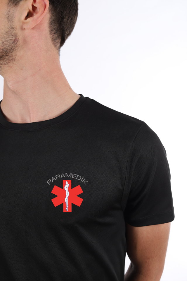 Siyah Paramedik Dry Touch Bisiklet Yaka Tişört Unisex