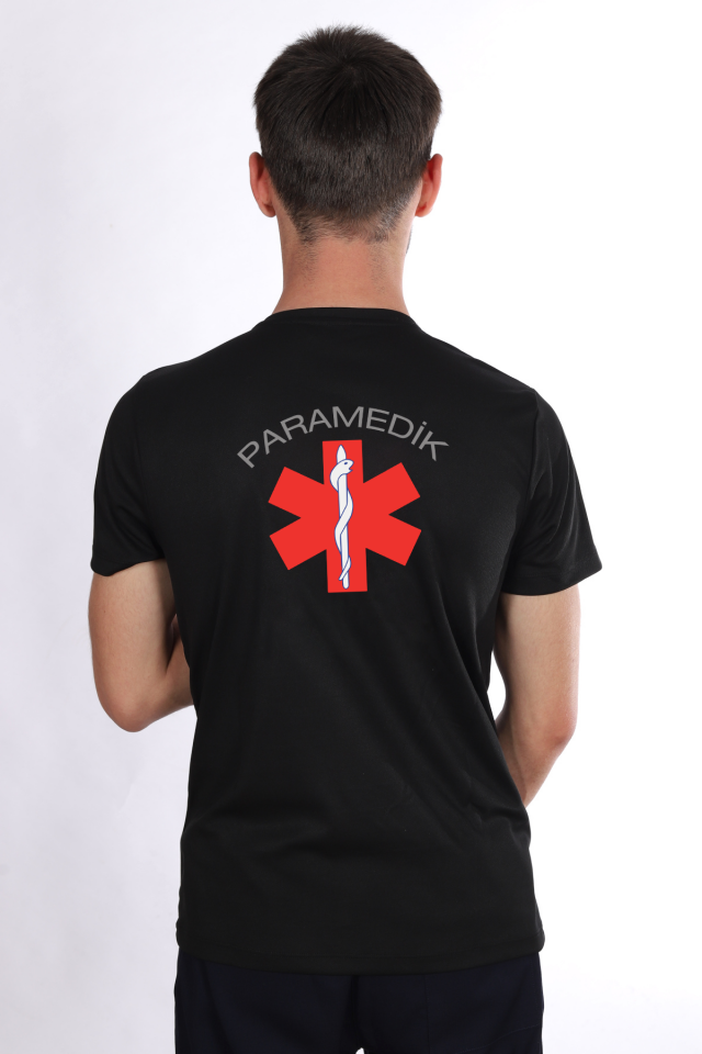 Siyah Paramedik Dry Touch Bisiklet Yaka Tişört Unisex
