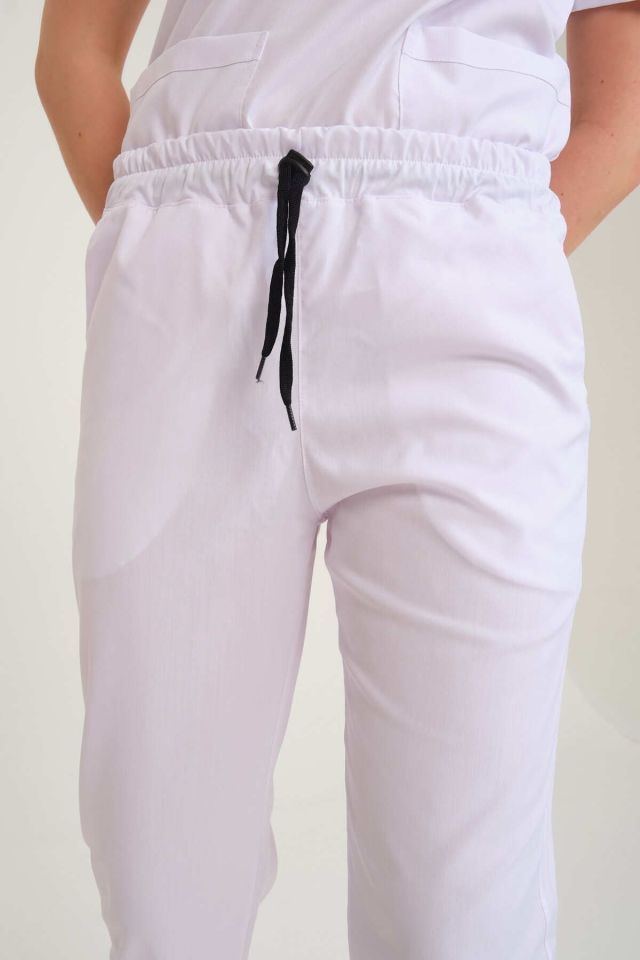 Beyaz Likralı Zarf Yaka Scrubs Doktor Hemşire Forması Takım 2XL