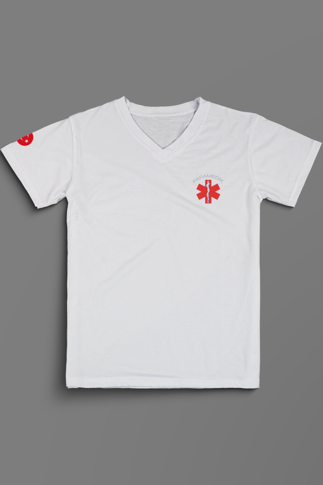 Beyaz Paramedik V Yaka Penye Tişört Unisex