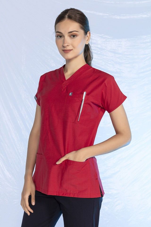 Kırmızı Likralı Scrubs Doktor Hemşire Forması Yarasa Kol Tek Üst Unisex XL