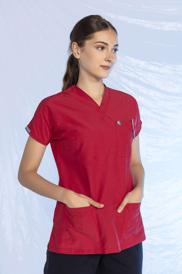 Kırmızı Likralı Scrubs Doktor Hemşire Forması Yarasa Kol Tek Üst Unisex XL