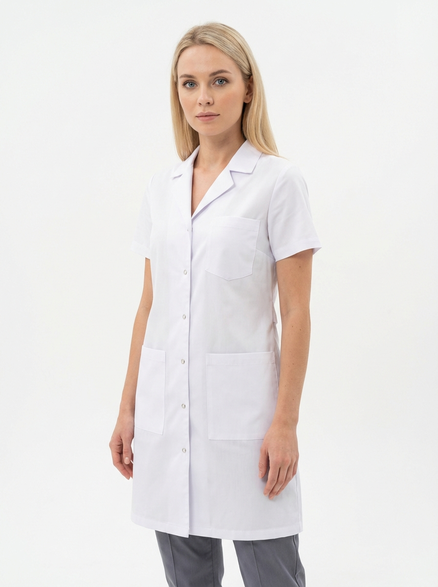 Alpaka Kumaş Beyaz Laboratuvar Önlüğü Kısa Kol Ceket Yaka Unisex Doktor Öğretmen