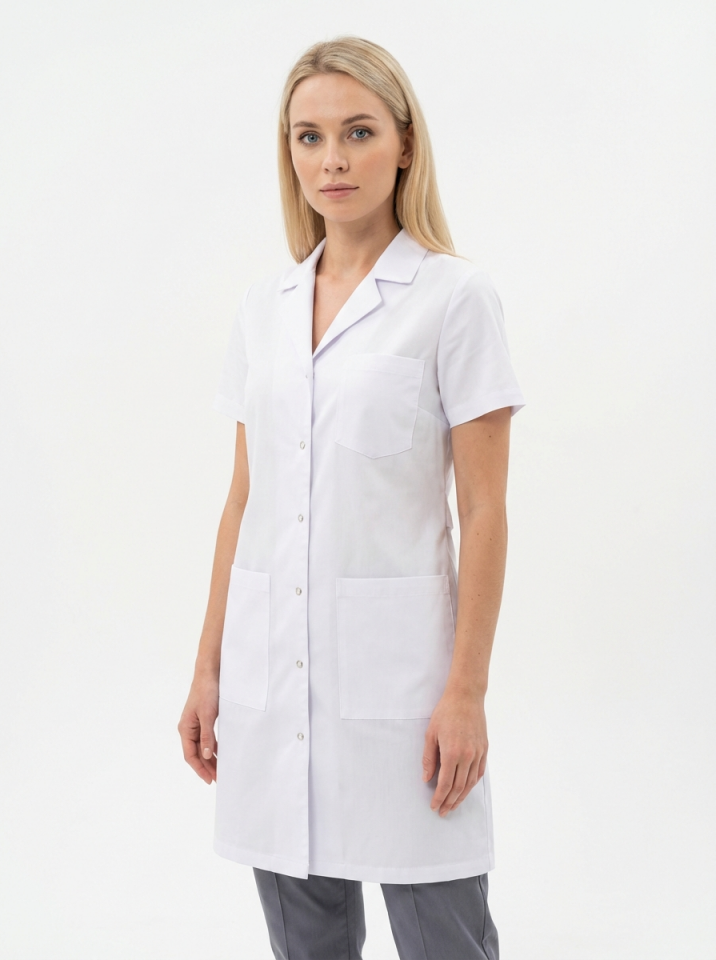 Alpaka Kumaş Beyaz Laboratuvar Önlüğü Kısa Kol Ceket Yaka Unisex Doktor Öğretmen