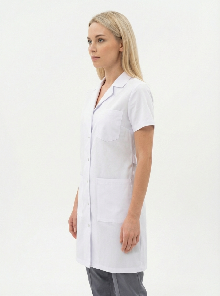 Alpaka Kumaş Beyaz Laboratuvar Önlüğü Kısa Kol Ceket Yaka Unisex Doktor Öğretmen