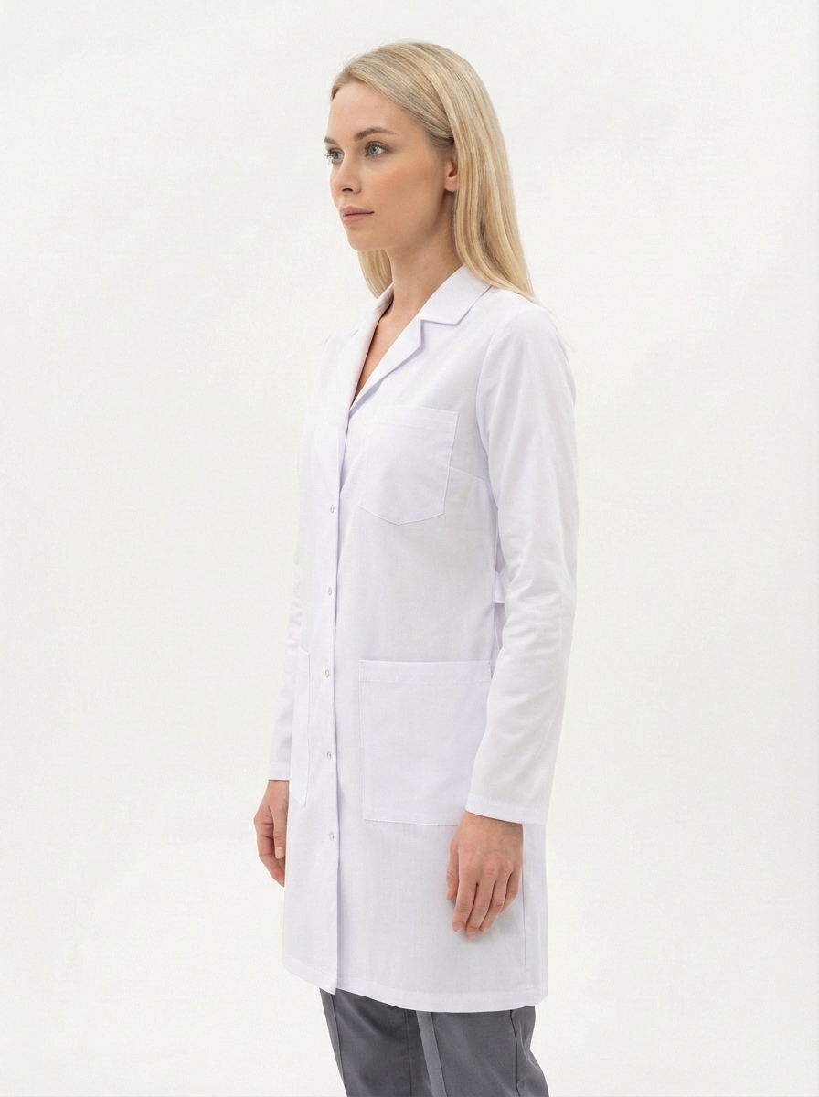 Alpaka Kumaş Beyaz Laboratuvar Önlüğü Uzun Kol Ceket Yaka Unisex Doktor Öğretmen