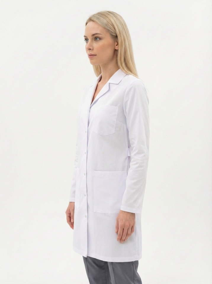 Alpaka Kumaş Beyaz Laboratuvar Önlüğü Uzun Kol Ceket Yaka Unisex Doktor Öğretmen