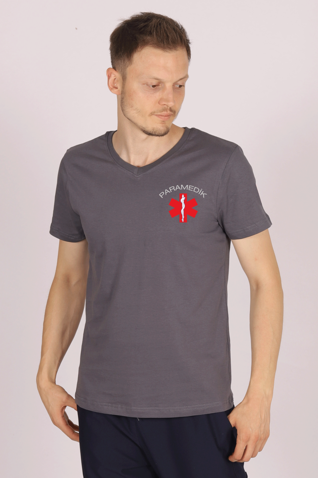 Gri Paramedik V Yaka Tişört Unisex