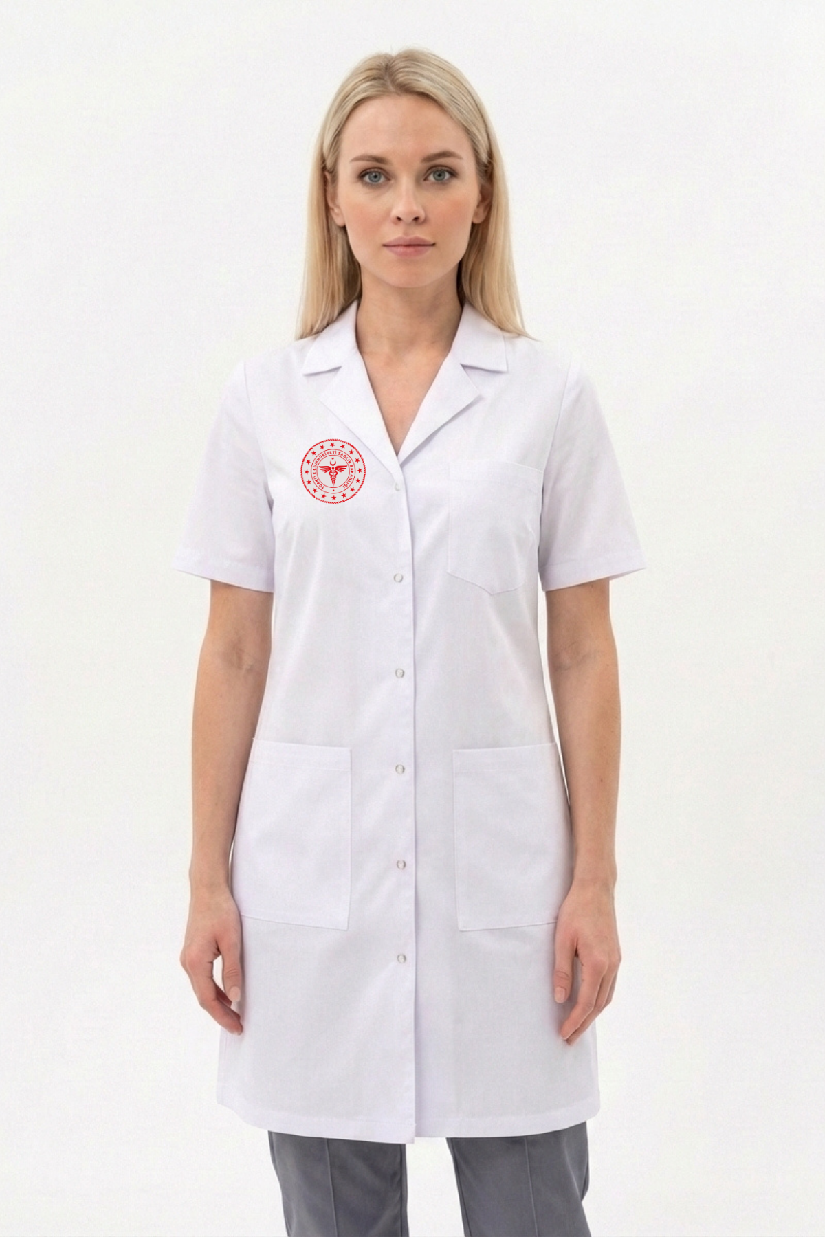 Sağlık Bakanlığı Logolu Beyaz Önlük Alpaka Kumaş Kısa Kol Ceket Yaka Unisex