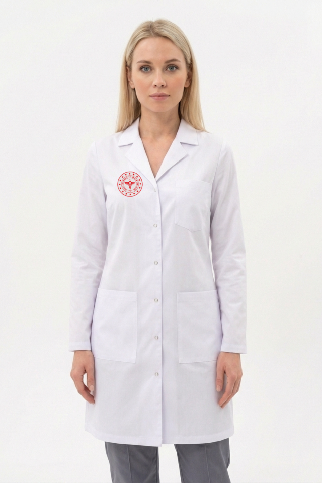 Sağlık Bakanlığı Logolu Beyaz Önlük Alpaka Kumaş Uzun Kol Ceket Yaka Unisex