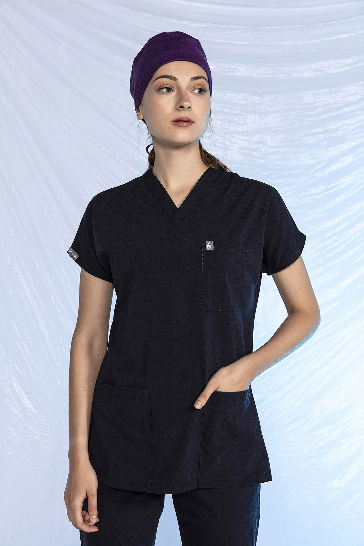 Lacivert Likralı Scrubs Doktor Hemşire Forması Yarasa Kol Tek Üst Unisex M