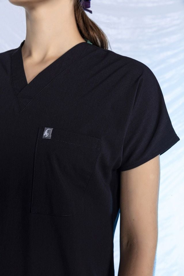 Lacivert Likralı Scrubs Doktor Hemşire Forması Yarasa Kol Tek Üst Unisex M