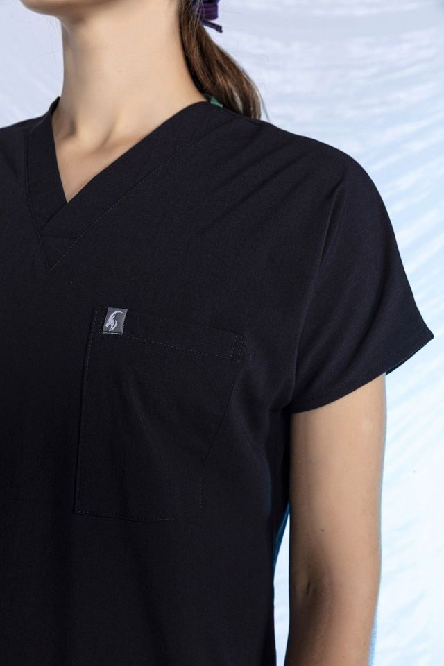 Lacivert Likralı Scrubs Doktor Hemşire Forması Yarasa Kol Tek Üst Unisex L