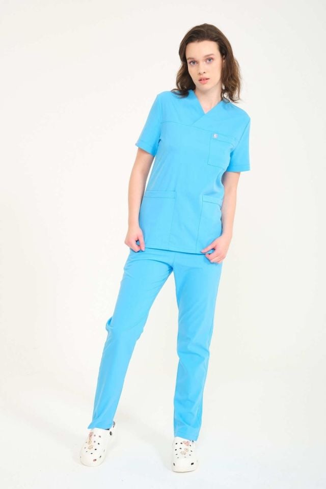 Bebe Mavi Likralı Zarf Yaka Scrubs Doktor Hemşire Forması Takım L