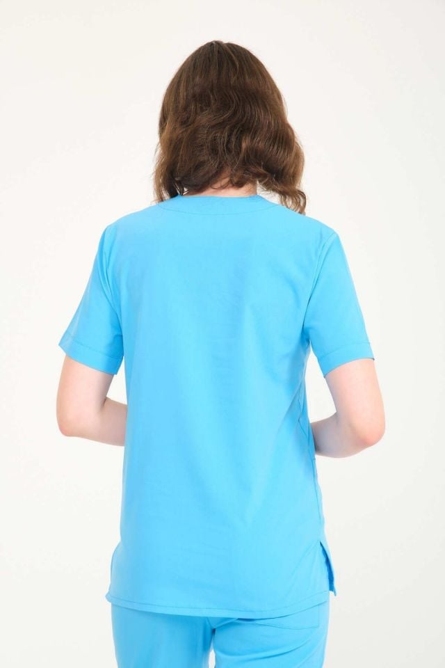 Bebe Mavi Likralı Zarf Yaka Scrubs Doktor Hemşire Forması Takım L