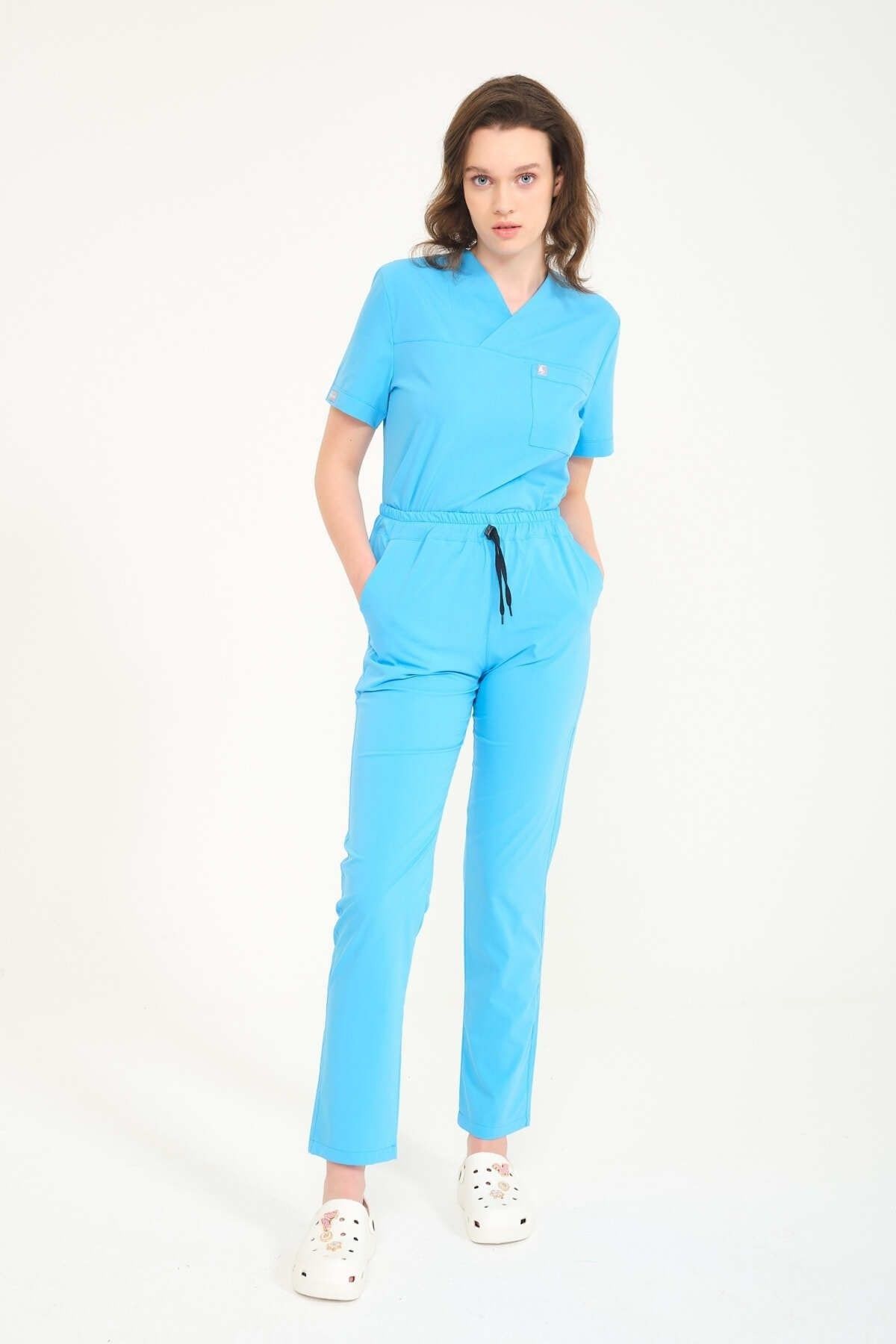 Bebe Mavi Likralı Zarf Yaka Scrubs Doktor Hemşire Forması Takım 2XL