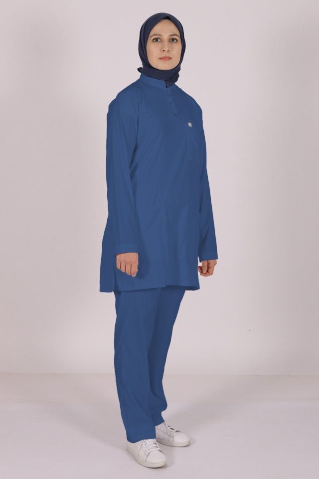 İndigo Likralı Tesettür Scrubs Doktor Hemşire Forması Takım S