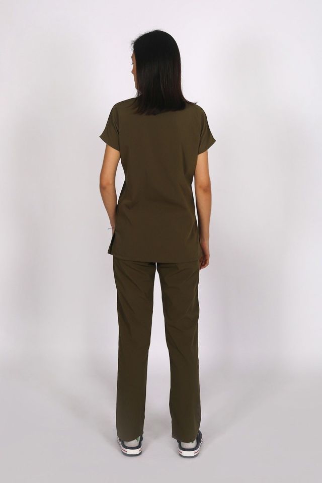 Haki Likralı Scrubs Doktor Hemşire Forması Yarasa Kol Tek Üst Unisex XS