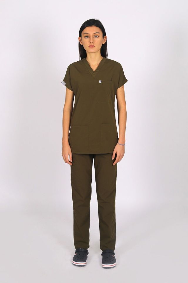 Haki Likralı Scrubs Doktor Hemşire Forması Yarasa Kol Tek Üst Unisex XS