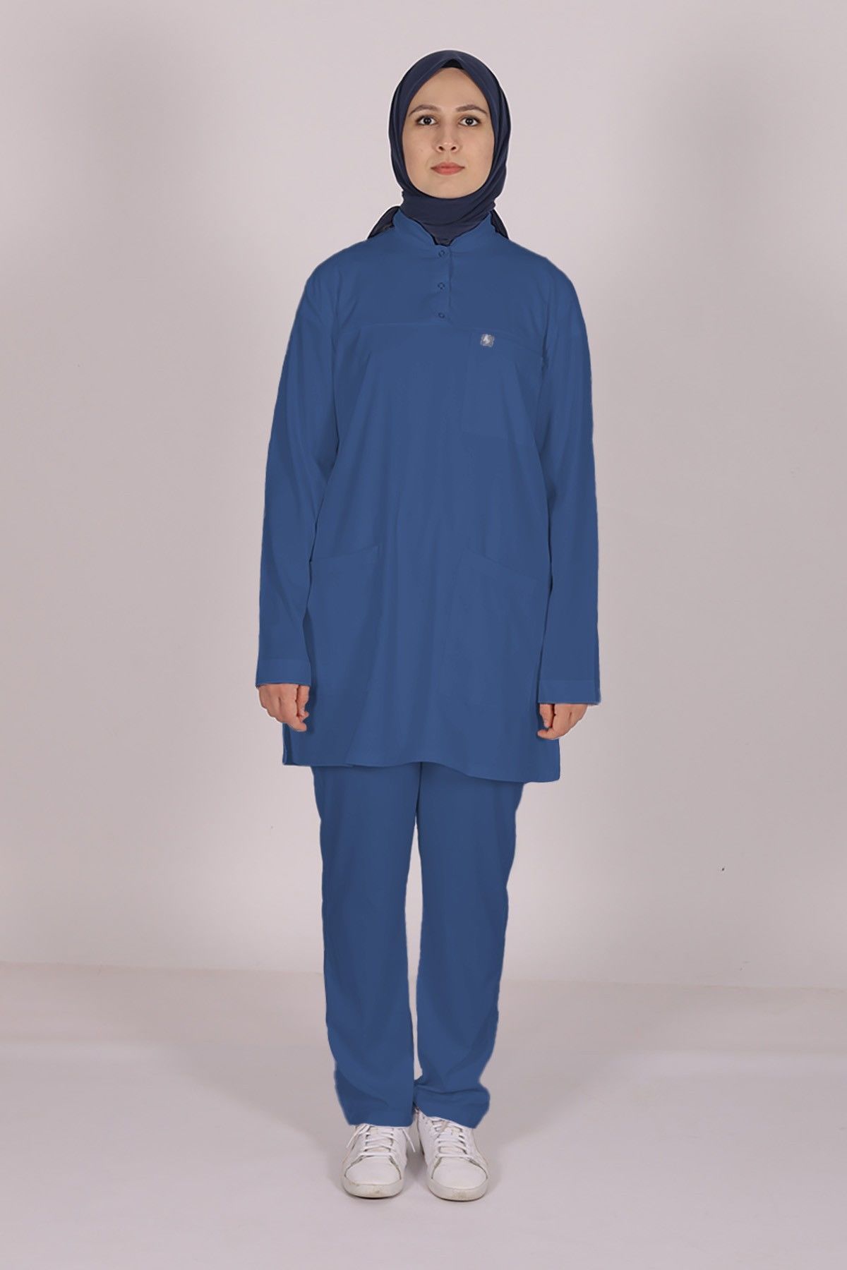 İndigo Likralı Tesettür Scrubs Doktor Hemşire Forması Takım 2XL