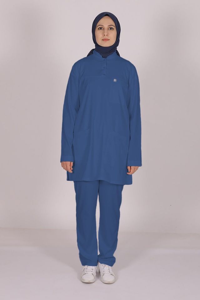 İndigo Likralı Tesettür Scrubs Doktor Hemşire Forması Takım 2XL