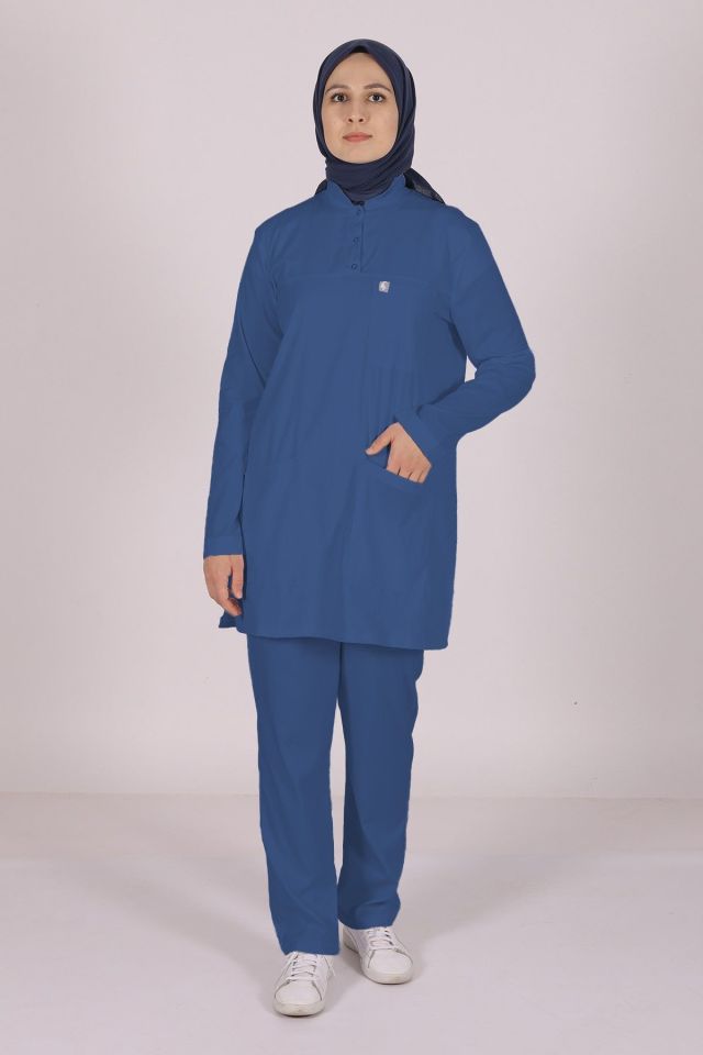 İndigo Likralı Tesettür Scrubs Doktor Hemşire Forması Takım 2XL