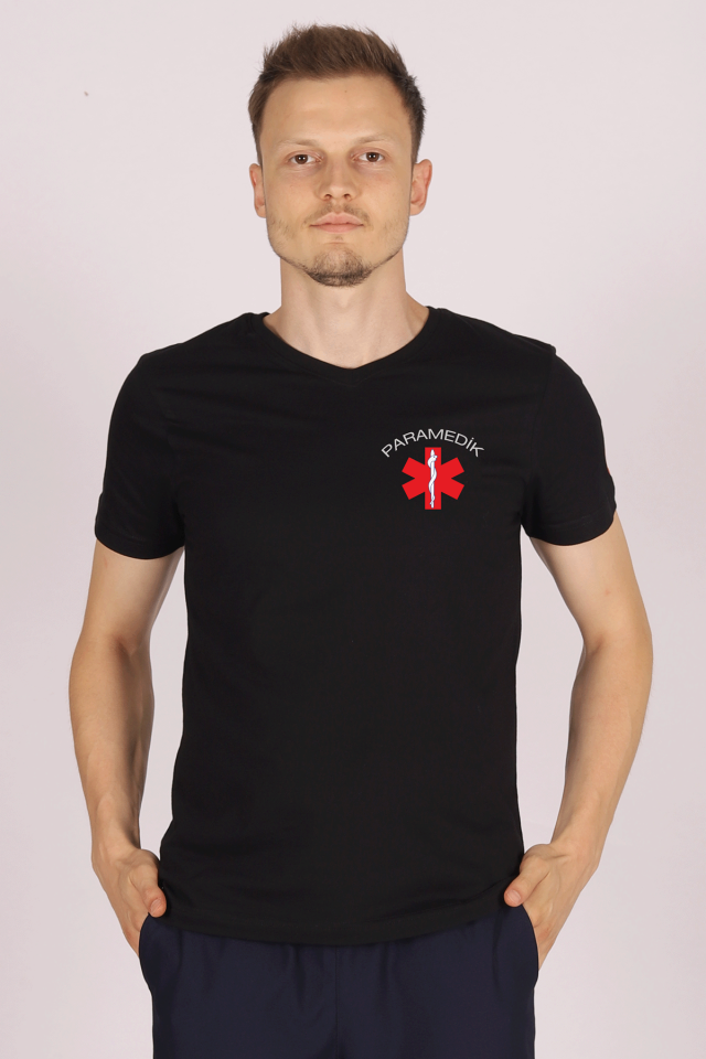 Siyah Paramedik V Yaka Tişört Unisex