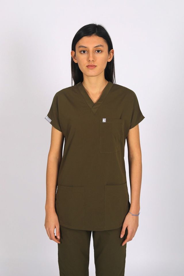 Haki Likralı Scrubs Doktor Hemşire Forması Yarasa Kol Tek Üst Unisex XL