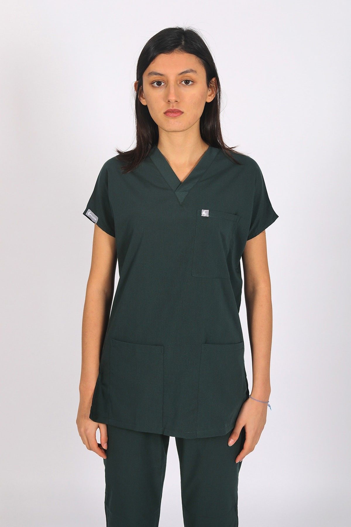 Ördek Yeşil Likralı Scrubs Doktor Hemşire Forması Yarasa Kol Tek Üst Unisex L