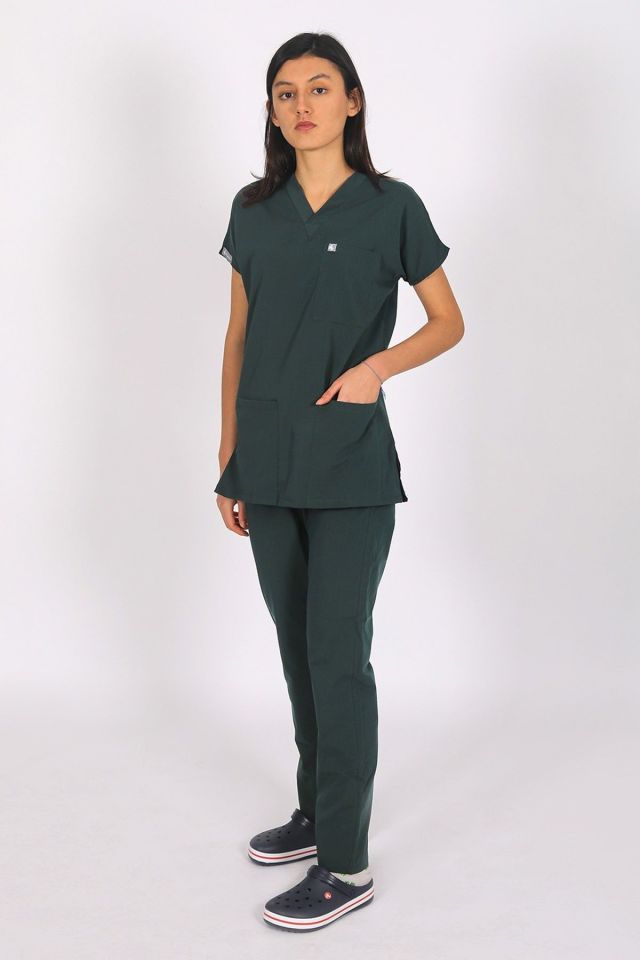 Ördek Yeşil Likralı Scrubs Doktor Hemşire Forması Yarasa Kol Tek Üst Unisex L