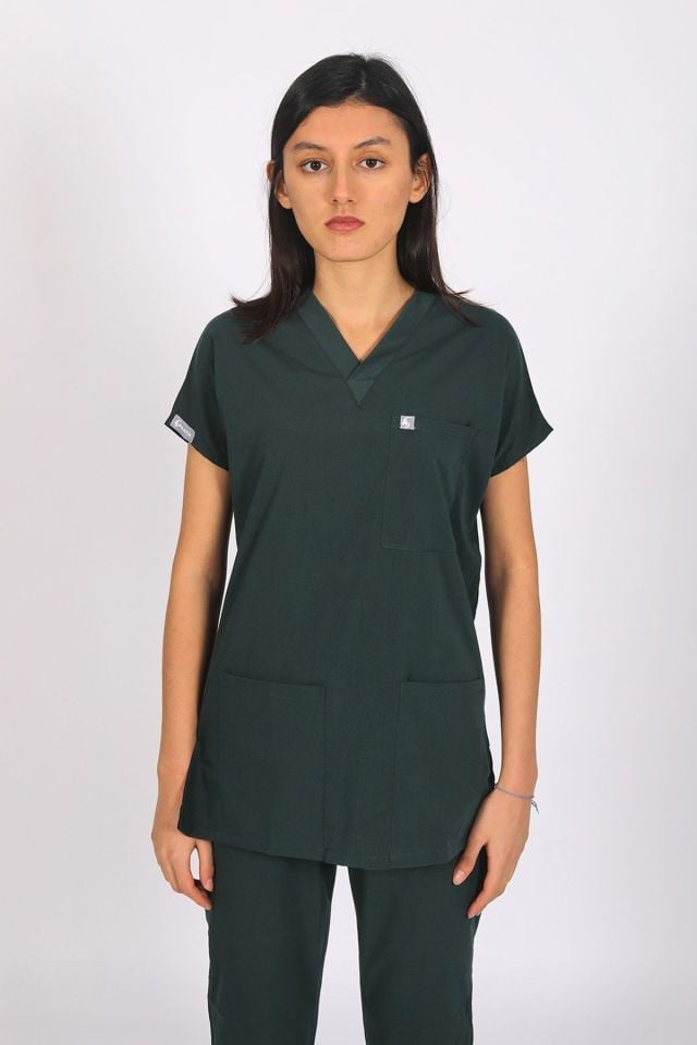 Ördek Yeşil Likralı Scrubs Doktor Hemşire Forması Yarasa Kol Tek Üst Unisex XXL