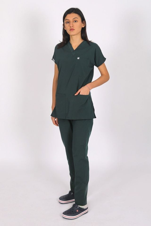 Ördek Yeşil Likralı Scrubs Doktor Hemşire Forması Yarasa Kol Tek Üst Unisex XXL