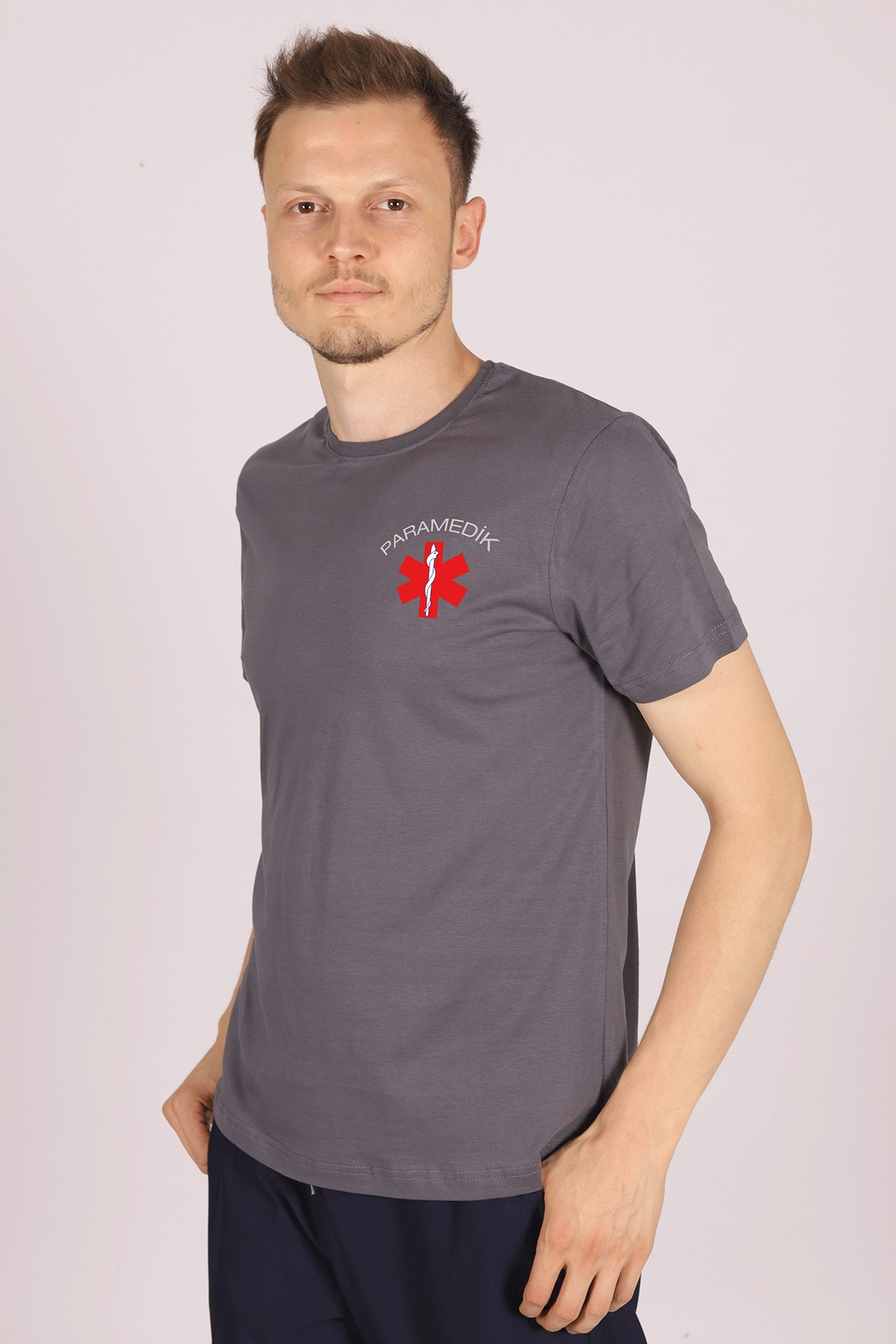 Gri Paramedik Bisiklet Yaka Penye Tişört Unisex